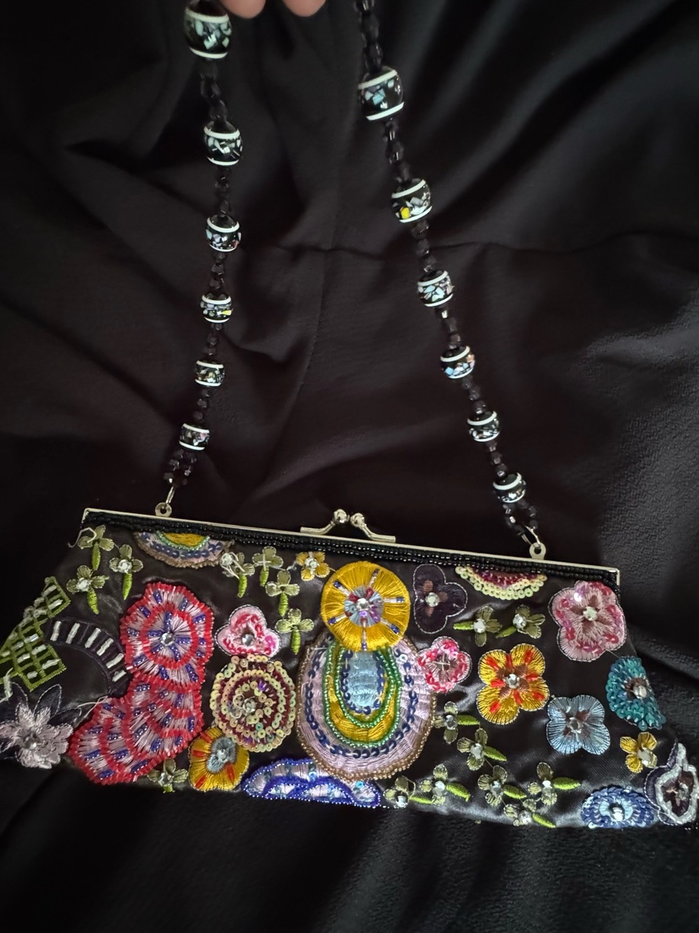 Embroidered Black Floral Evening Clutch 90’s Vintage - Picture 9 of 10